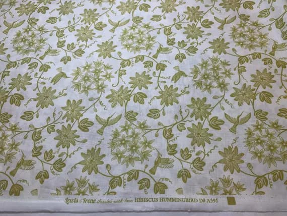 white cotton fabric - Hibiscus Hummingbird on White Lewis & Irene Cotton Fabric