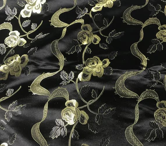 gold none - Black and Gold Ribbon Roses - Faux Silk Brocade Fabric