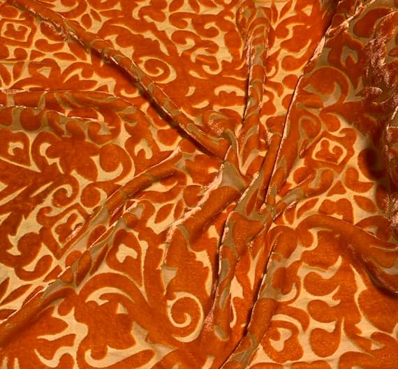 orange velvet fabric - Deep Orange Scroll - Hand Dyed Burnout Silk Velvet