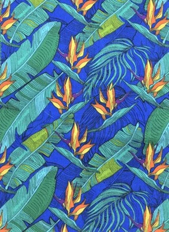 blue cotton fabric - Bird of Paradise on Blue - Poly/Cotton Broadcloth Fabric