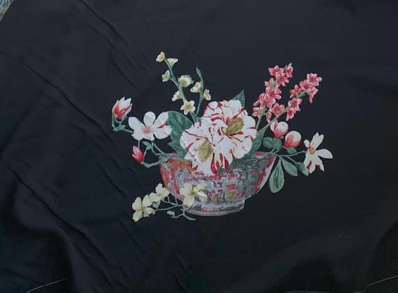 black crepe fabric - Floral on Black - 16mm Silk Crepe de Chine Fabric 44"x44" Panel