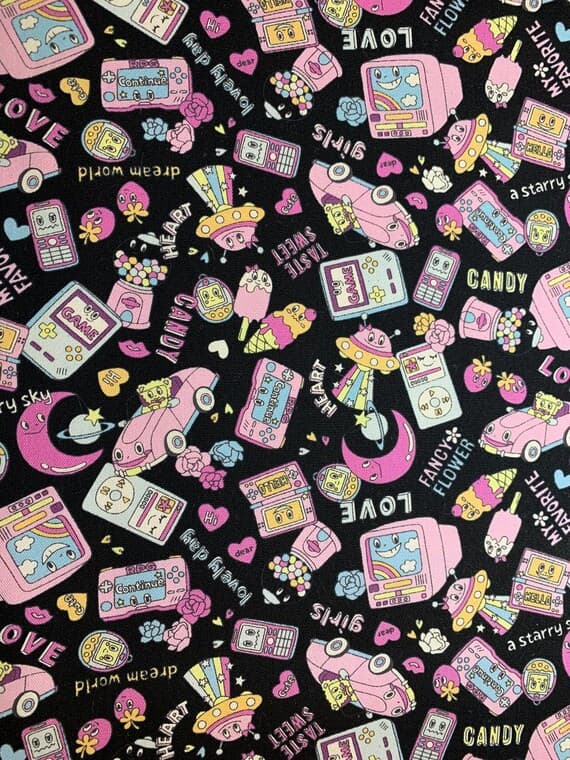 black cotton fabric - Pink on Black Retro Pop - Kokka Japan Cotton Oxford Fabric