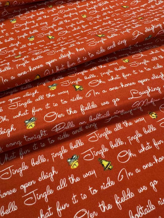 red cotton fabric - Jingle Bells Lyrics on Red by Riley Blake Lindsay Wilkes 100% Cotton Fabric Retro Christmas