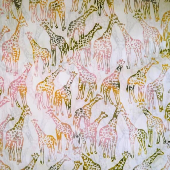 green cotton fabric - Naranja Pink & Green Giraffes - Batik by Mirah Cotton Fabric