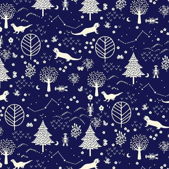 navy cotton fabric - Otter Romp Forest Navy - Paintbrush Studio Cotton Fabric