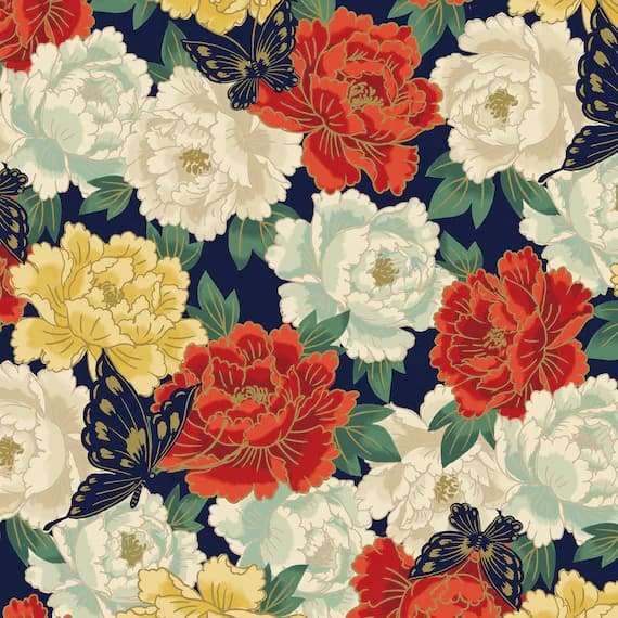 navy cotton fabric - Metallic Butterfly Floral on Navy - Hana Zukushi Cotton Fabric