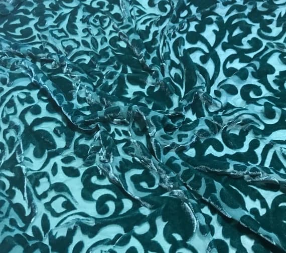 teal velvet fabric - Teal Green Scroll - Hand Dyed Burnout Silk Velvet