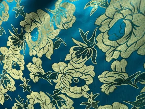 turquoise brocade fabric - Large Turquoise & Gold Flowers - Faux Silk Brocade Jacquard Fabric