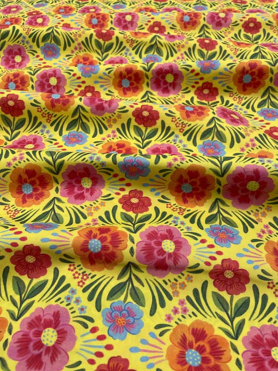 yellow cotton fabric - Viva Mexico! Floral Yellow - Paintbrush Studio Cotton Fabric