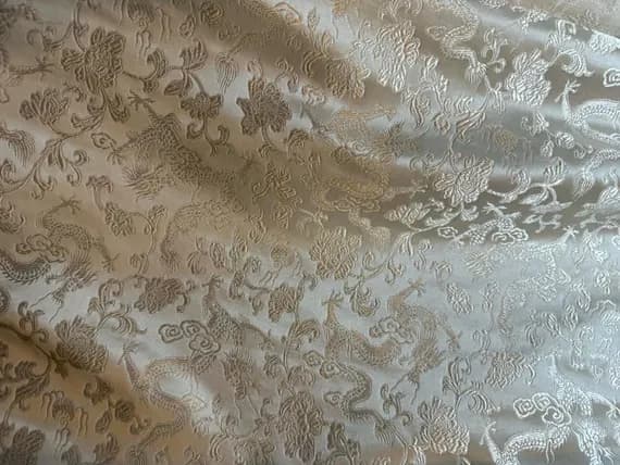 white brocade fabric - White Dragons - Silk Brocade Fabric