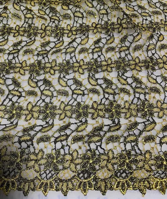 gold lace - Black & Gold Flowers and Leaves - Schiffli Lace Fabric