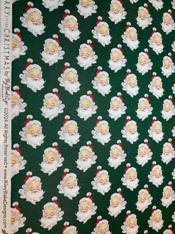 green cotton fabric - Merry Little Christmas Santa Heads Green by Riley Blake My Mind's Eye 100% Cotton Fabric Retro Christmas