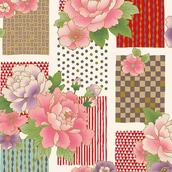 cotton fabric - Japan Modern Metallic Asian Floral Patchwork - Quilt Gate Cotton Sheeting Fabric