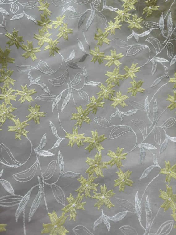 white lace - Yellow & White Floral Embroidered Organza Fabric