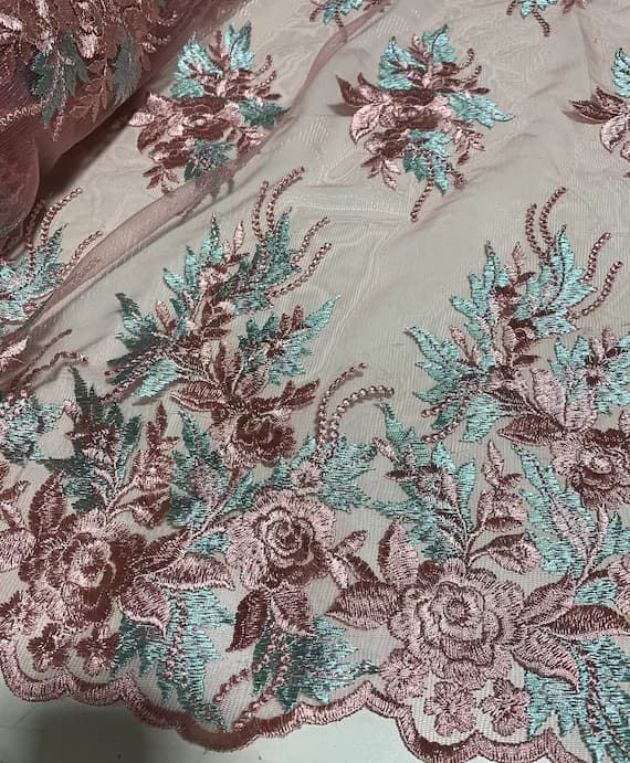 sage lace - Dusty Rose Pink & Sage Green Roses Floral Embroidered Tulle Lace Fabric