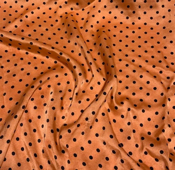 black charmeuse fabric - Hand Dyed Silk CHARMEUSE Fabric Persimmon Orange & Black Small Polka Dots
