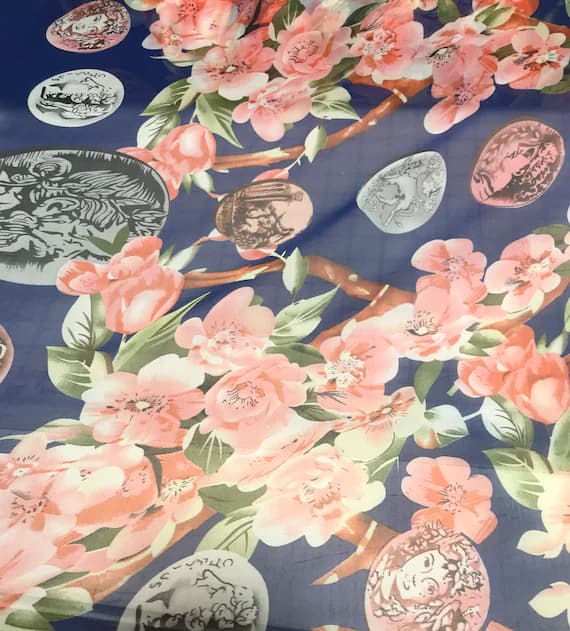 black chiffon fabric - Black Floral Coins - Polyester Chiffon Fabric
