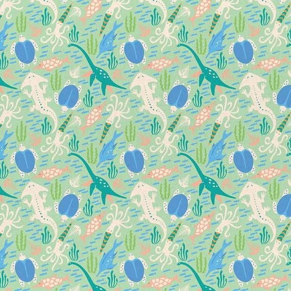 mint cotton fabric - Dinosaur Stories - Water Dinos Mint - Paintbrush Studio Cotton Fabrics