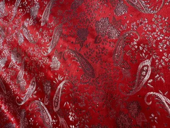 silver brocade fabric - Red & Silver Paisley Floral- Faux Silk Brocade Jacquard Fabric