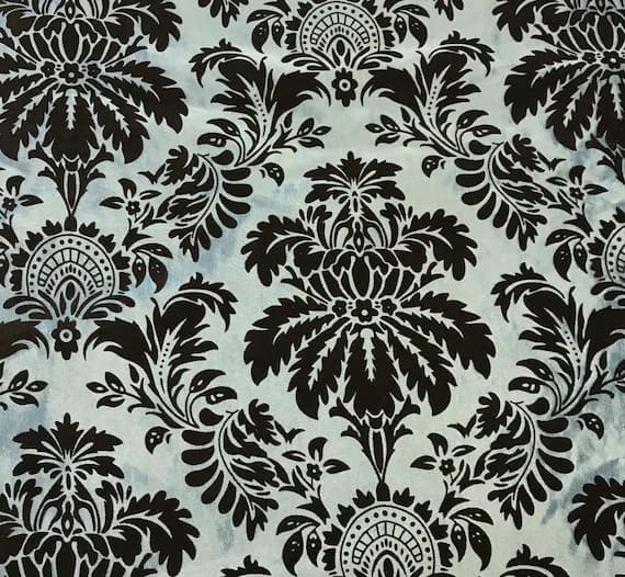 blue velvet fabric - Golden Blue with Brown Small Damask - Flocked Velvet Faux Silk Taffeta Fabric