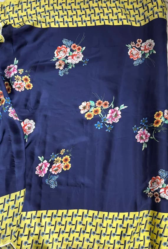 blue twill fabric - Johnny Was Blue & Yellow Floral Border Print 100% Silk Twill Fabric