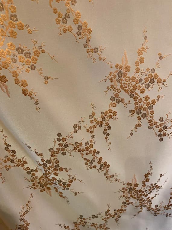 gold brocade fabric - Gold Cherry Blossom Floral - Faux Silk Brocade Jacquard Fabric