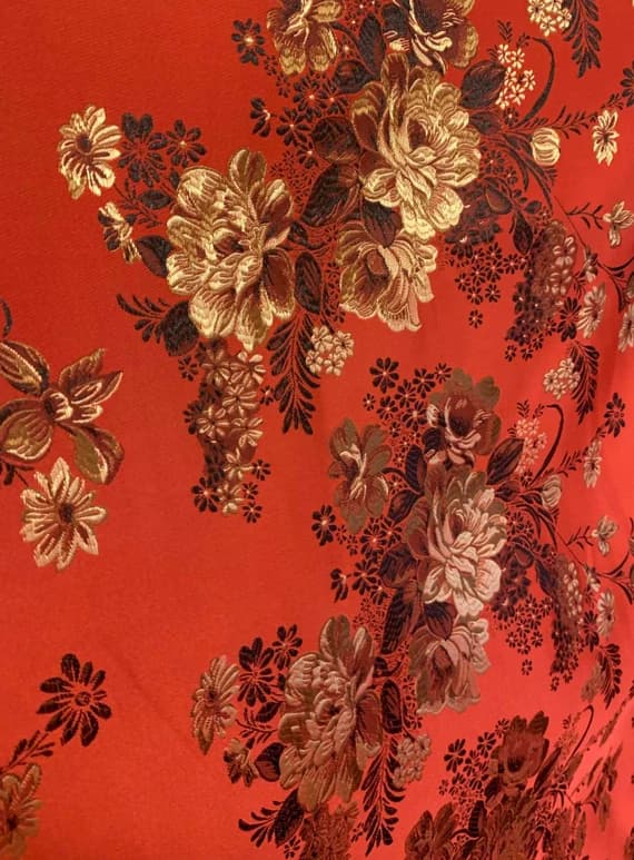 gold brocade fabric - Red & Gold Peony Floral - Faux Silk Brocade Jacquard Fabric