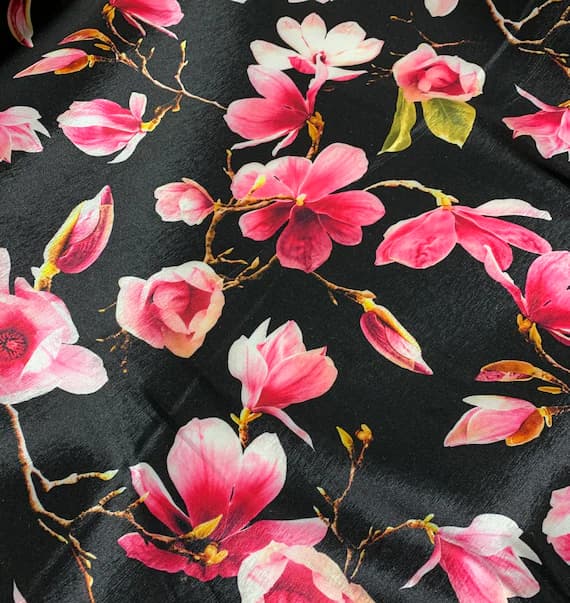 fuchsia taffeta fabric - Black Fuchsia Magnolia Floral - Stretch Polyester Taffeta Fabric