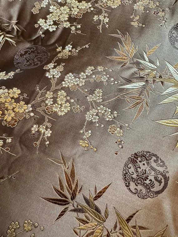gold brocade fabric - Brown & Gold Bamboo and Medallions - Silk Brocade Fabric