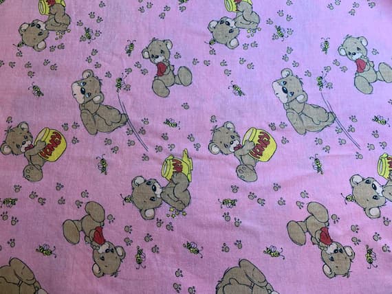 pink cotton fabric - Pink Precious Moments Bears Cotton Flannel Fabric Vintage 90's OOP