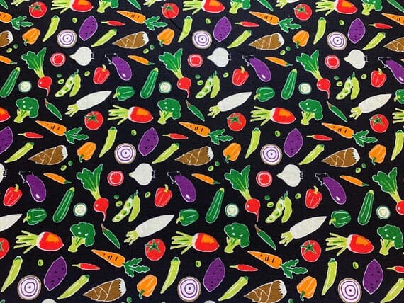 black cotton fabric - Vegetables on Black - Small Japanese World - Cosmo Japan Cotton Sheeting Fabric