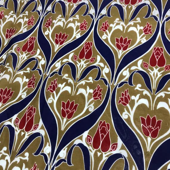 gold silk fabric - Gold; Red & Blue Art Nouveau Floral - Silk/Cotton Voile Fabric