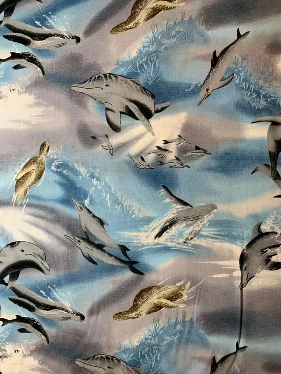 cotton fabric - Sea Turtles & Dolphins Cotton Fabric Vintage 90's OOP Trans-Pacific Textiles