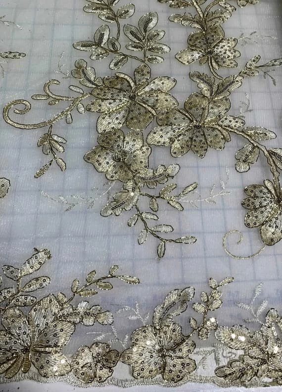 gold lace - Pale Gold Floral Sequin Embroidered Tulle Lace Fabric