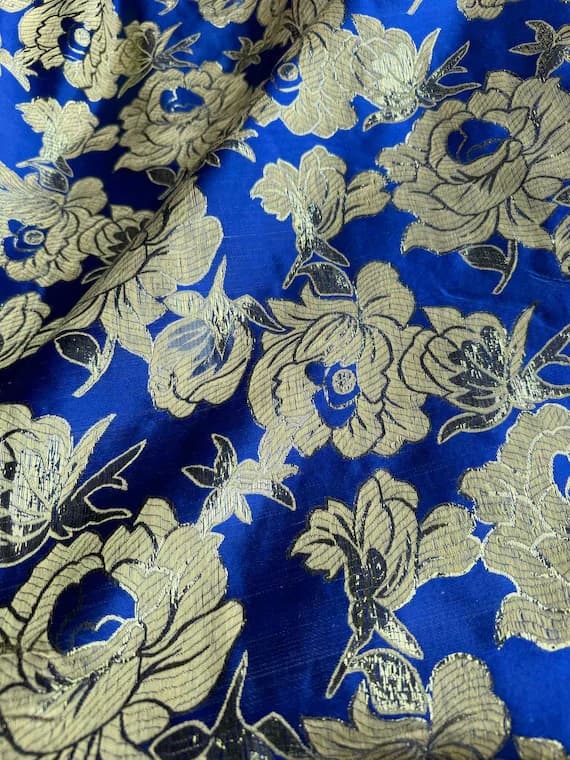 gold brocade fabric - Large Royal Blue & Gold Flowers - Faux Silk Brocade Jacquard Fabric