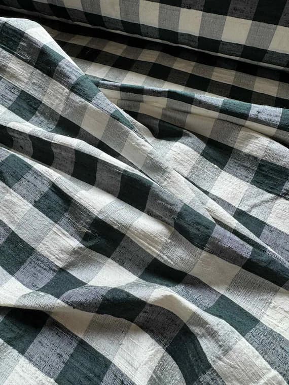 forest dupioni fabric - Forest Green & White Gingham Check - 100% Silk Dupioni Fabric