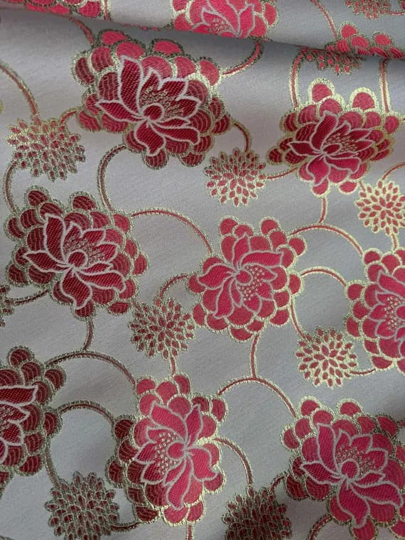 champagne brocade fabric - Champagne & Coral Mums Floral - Faux Silk Brocade Jacquard Fabric