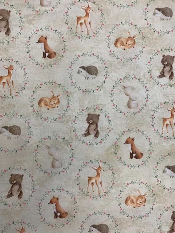 cream cotton fabric - Animal Circles Cream - Garden Toss Nature's Nursery - Paintbrush Studio Cotton Fabric