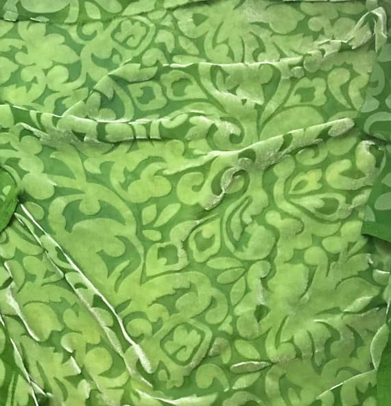 green velvet fabric - PEAR GREEN SCROLL - Hand Dyed Burnout Silk Velvet