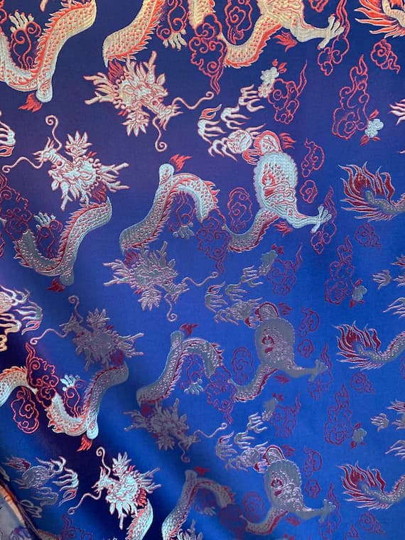 gold brocade fabric - Blue with Gold Big Dragons - Faux Silk Brocade Fabric