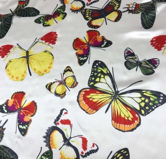 white charmeuse fabric - Butterflies on White - Silk Charmeuse