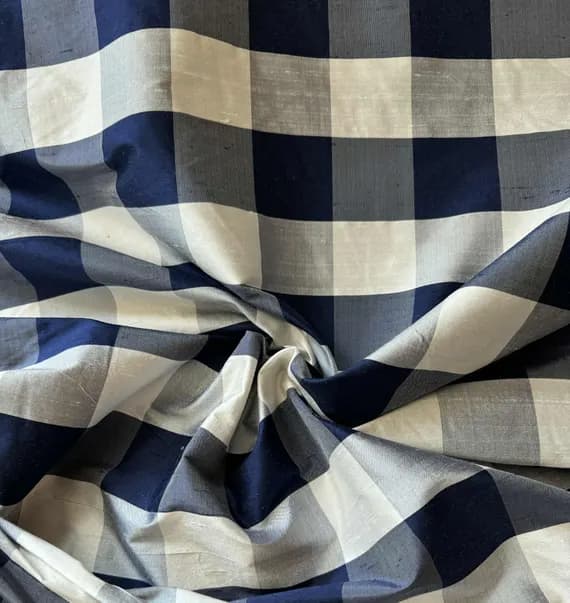 navy dupioni fabric - Navy Blue & White Check - 100% Silk Dupioni Fabric