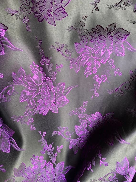 black brocade fabric - Black & Purple Roses Floral - Faux Silk Brocade Jacquard Fabric