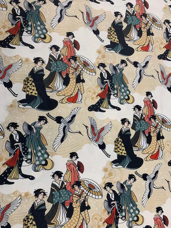 cotton fabric - Kimonos & Koi - Japanese Geisha Crane - Paintbrush Studio Cotton Fabric