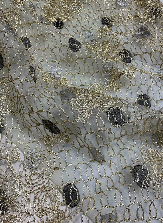 gold lace - Black and Silver Polka Dots with Gold Swirl Embroidered Organza Fabric