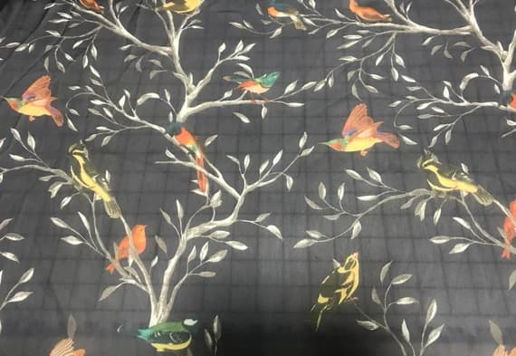 navy chiffon fabric - Navy Blue with Birds - Polyester Chiffon Fabric