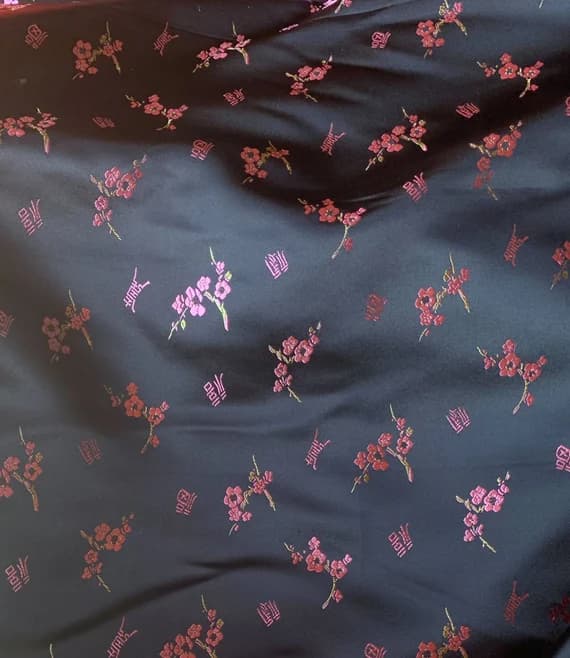 black brocade fabric - Black & Pink Asian Cherry Blossoms - Faux Silk Brocade Jacquard Fabric