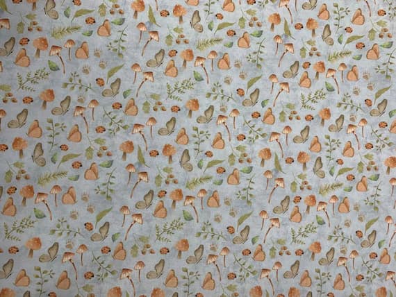 blue cotton fabric - Mushrooms on Light Blue - Garden Toss Nature's Nursery - Paintbrush Studio Cotton Fabric