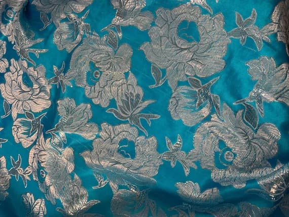 turquoise brocade fabric - Large Turquoise & Silver Flowers - Faux Silk Brocade Jacquard Fabric
