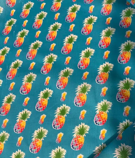 blue cotton fabric - Pineapples on Blue - Poly/Cotton Broadcloth Fabric